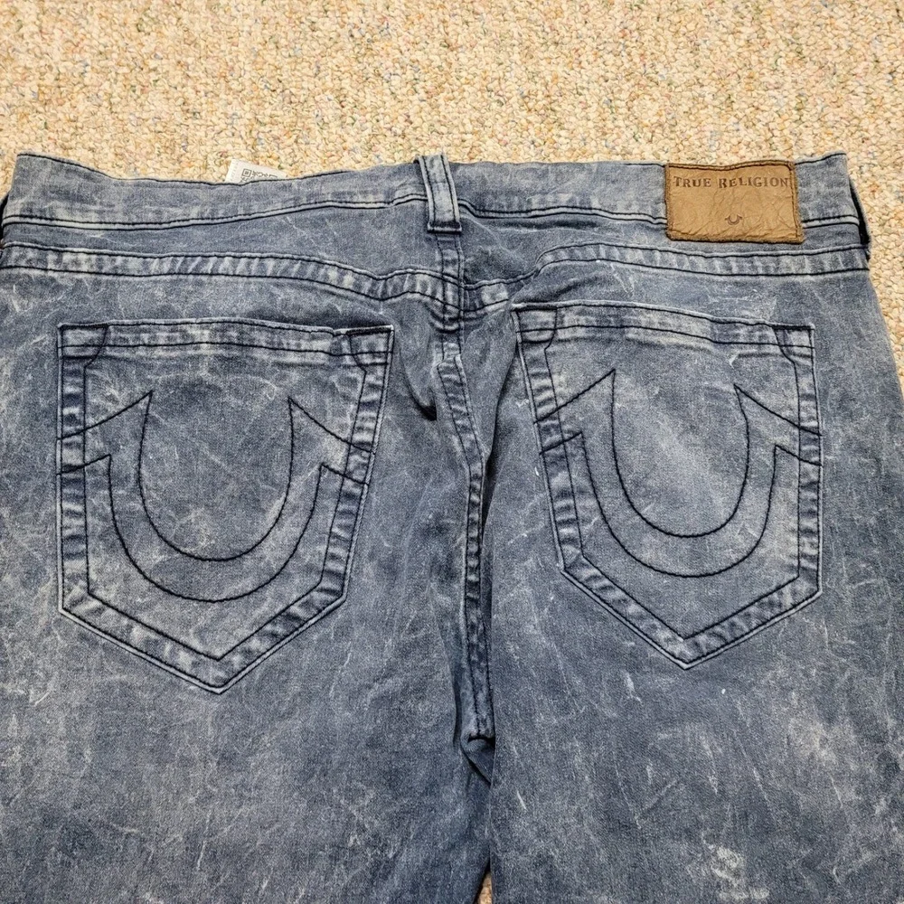 True Religion Rocco Jeans Mens 40 Blue Distressed Marbled Relaxed Skinny Fit